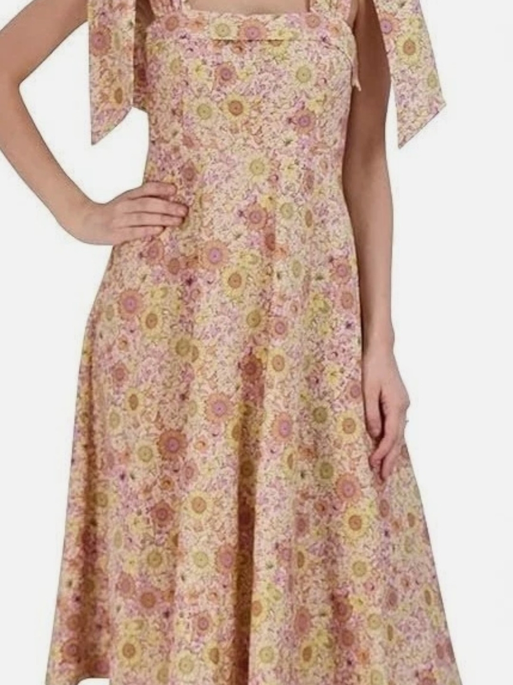 Beautiful Girly Bcbg Summer Floral Pink Tie-Shoulder Midi Dress Sz M RAYON/LINEN